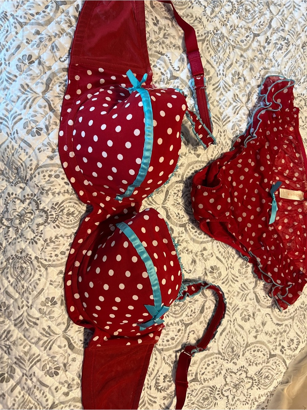Victoria Secret red  Polka Dot Bra & Matching Panty Set with Teal Trim